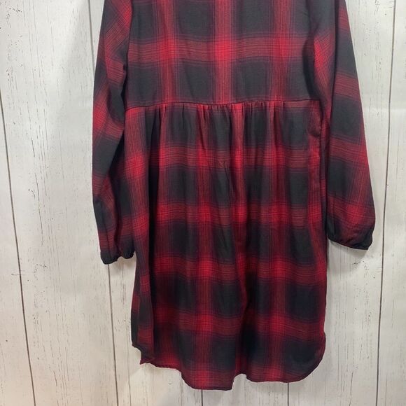 Knox Rose Womens Plaid Long Sleeve Smocked Shift Button Front Red Midi Dress - Picture 13 of 15